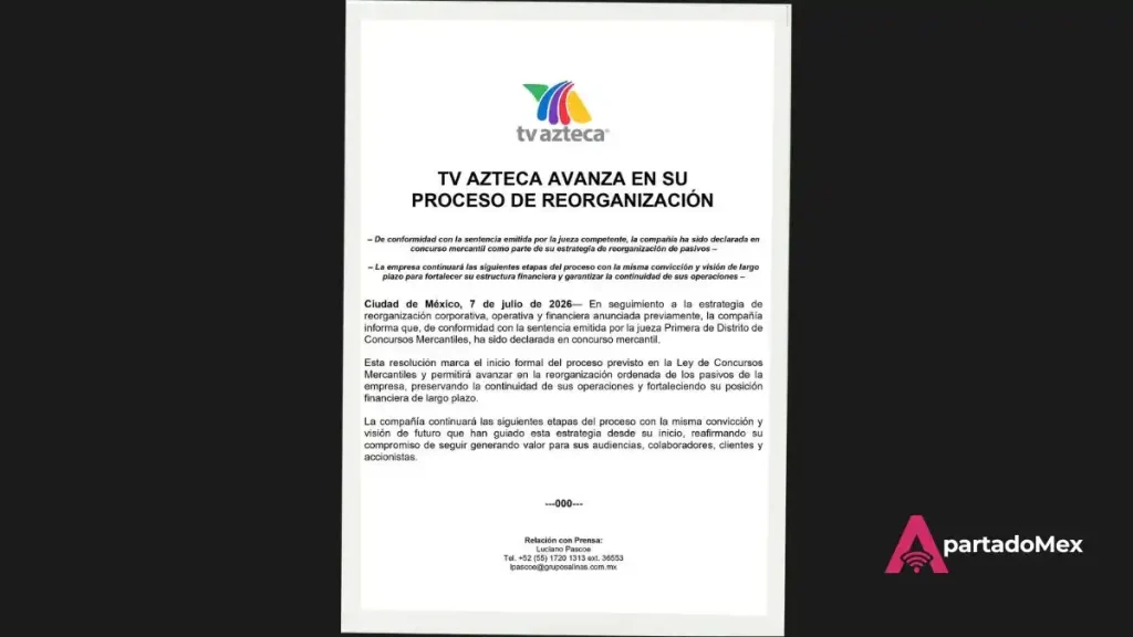 Comunicado TV Azteca sobre el concurso mercantil promovido