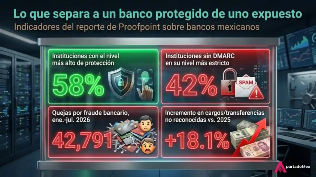 Indicadores del reporte de Proofpoint sobre bancos mexicanos