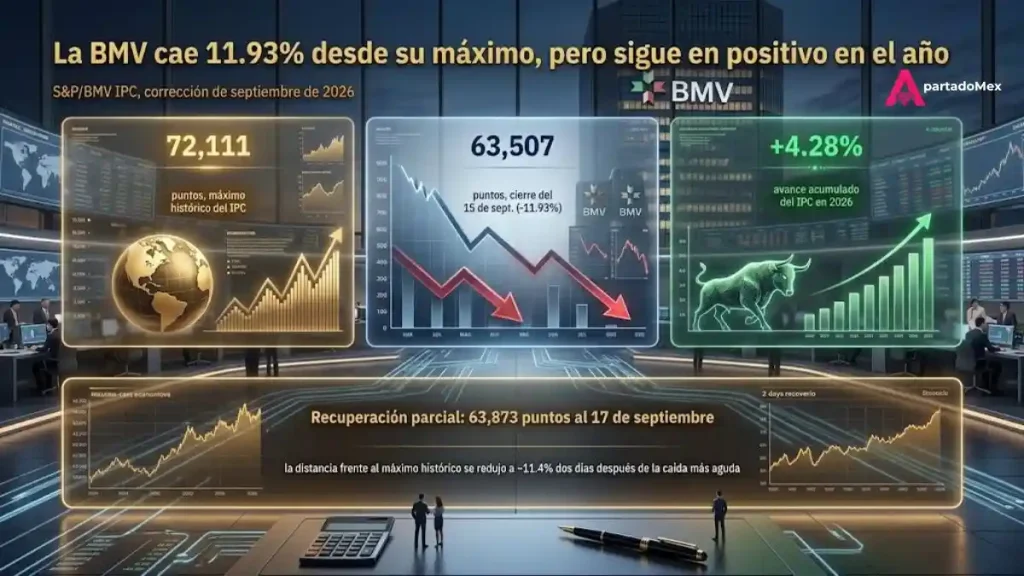 La BMV cae 11.93% desde su máximo, pero sigue en positivo en el año