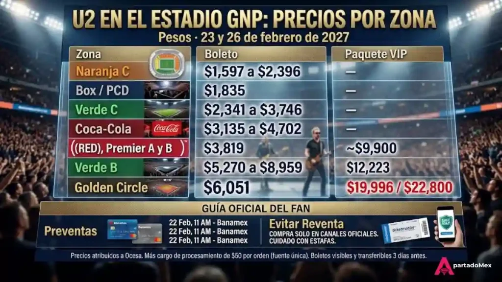 U2 en el Estadio GNP, precios por zona