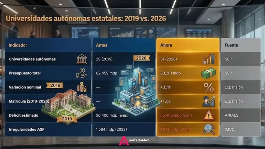 Universidades autónomas estatales: 2019 vs. 2026.
